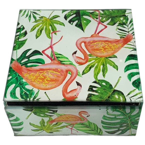 Flamingo Keepsake Box Jewelry & Trinkets, Beveled Glass, Hinged Lid, Lined 4"SQ - Picture 6 of 6